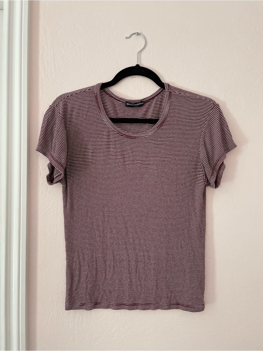 Brandy Melville Burgundy and White Narrow-Striped Short Sleeve Tee